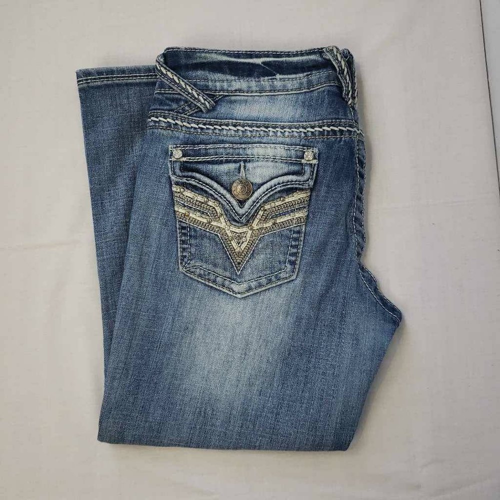 Vigoss Womens Capri Jeans Blue Stretch Pockets Embroidered Medium Wash Denim 7